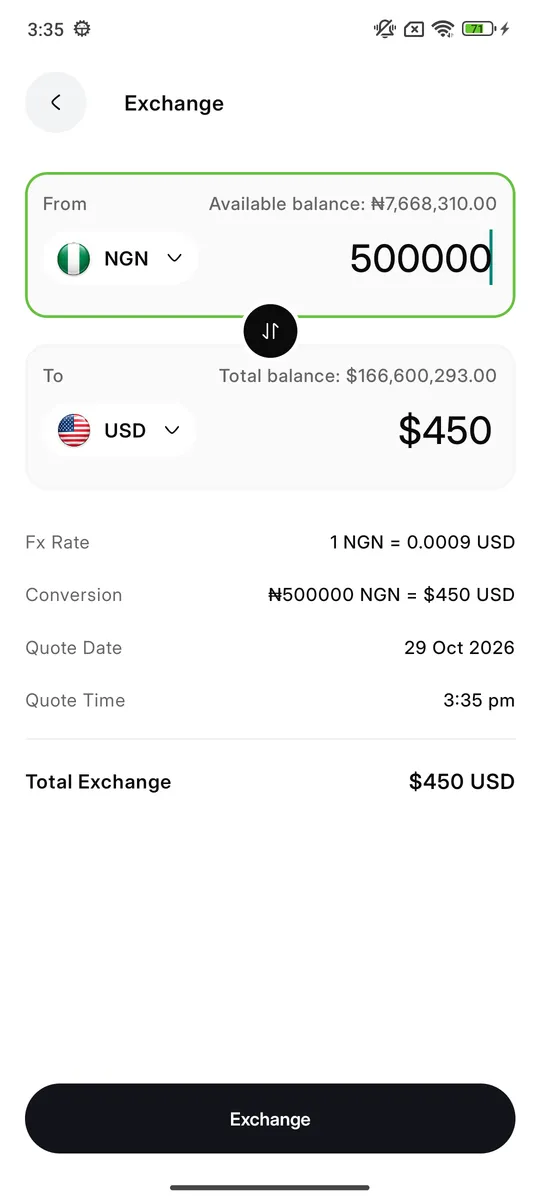 JCI Remit app exchange screen converting naira to US dollars