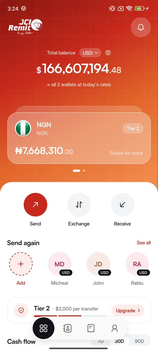 JCI Remit app home screen