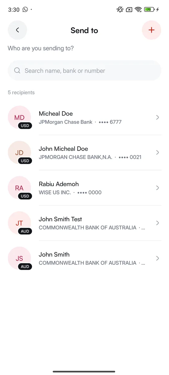 JCI Remit app recipient list