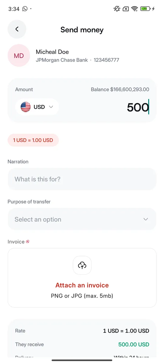 JCI Remit app send money screen with amount and recipient