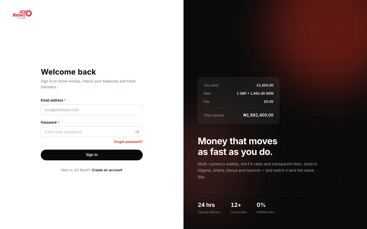 JCI Remit web app sign-in page with a live transfer quote